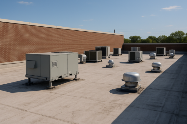 A commercial building with a flat roof, showcasing various HVAC units and a clear view of the rooftop's surface condition