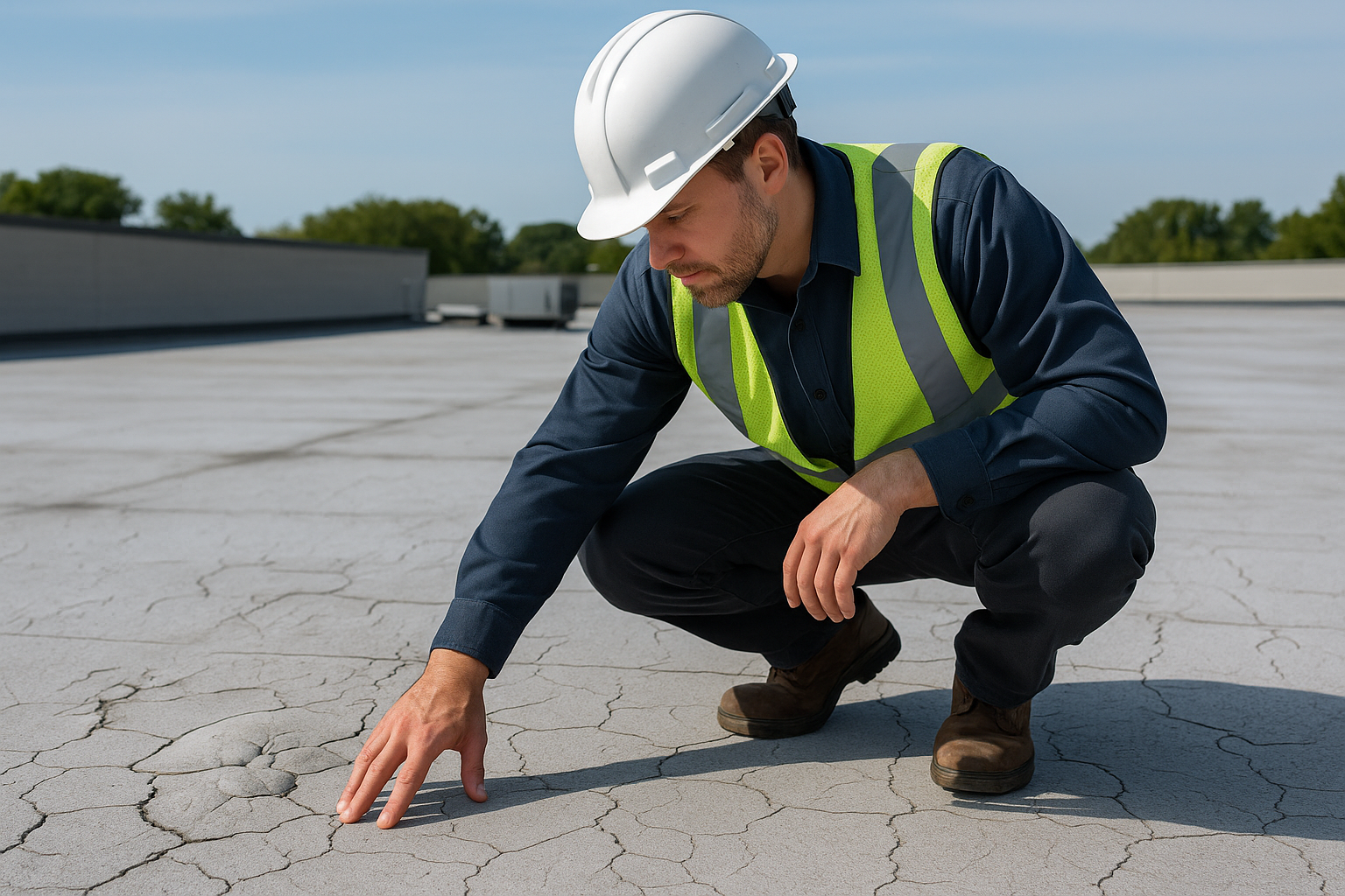 A professional roofer examining the surface of a commercial roof with visible signs of blistering and cracking