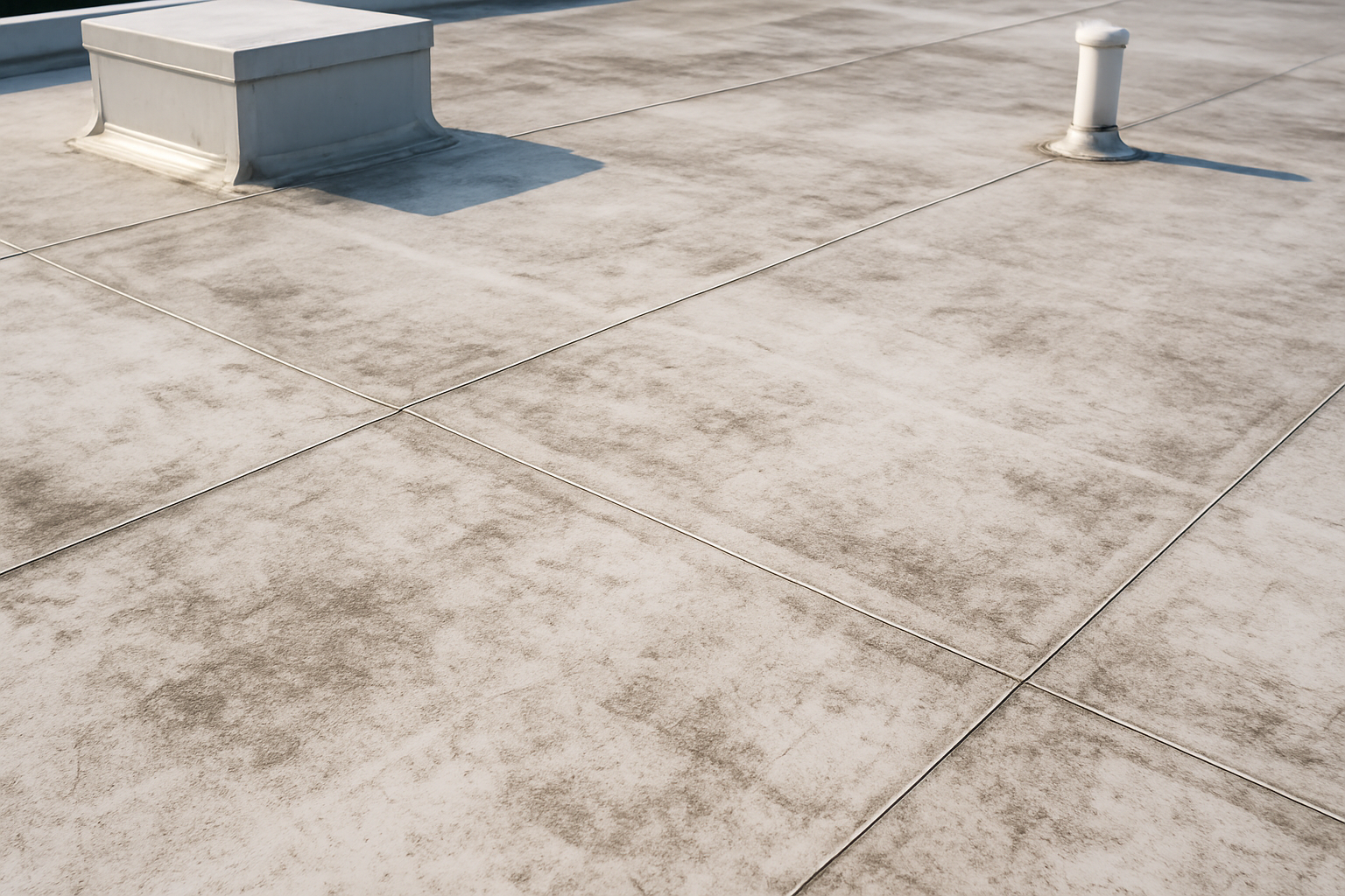 Close-up of a commercial roof's TPO membrane with visible wear and dirt buildup