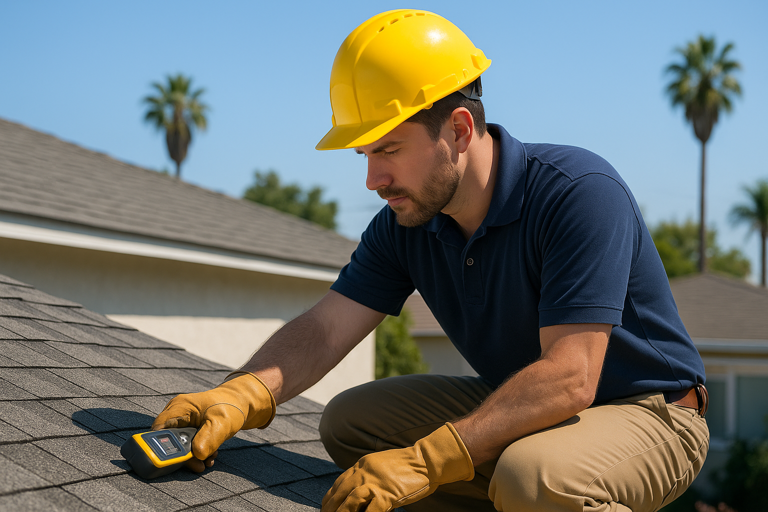A professional roofer examining a roof for leaks with a moisture meter on a bright California day