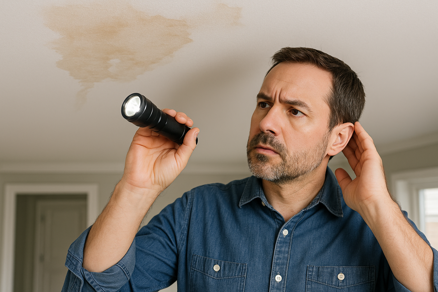 A homeowner examining a water-stained ceiling with a concerned look, holding a flashlight pointed at the damage