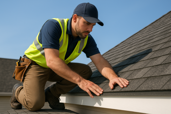 A detailed image of a roofing contractor inspecting a residential roof for leaks on a sunny day