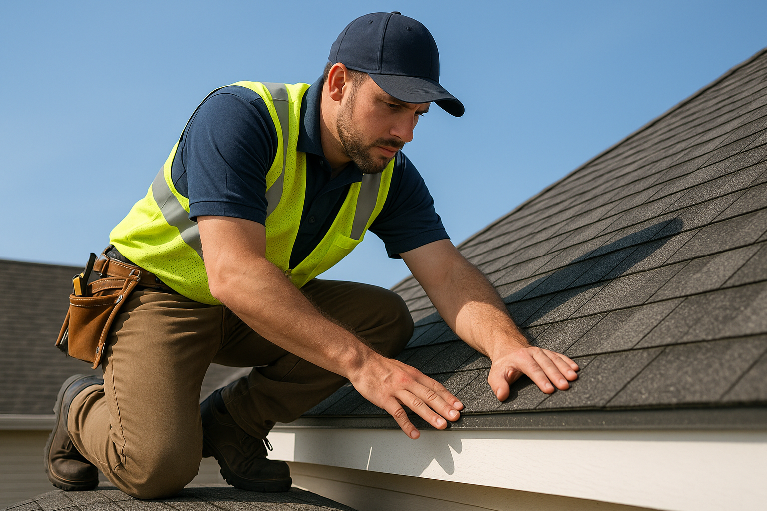 A detailed image of a roofing contractor inspecting a residential roof for leaks on a sunny day