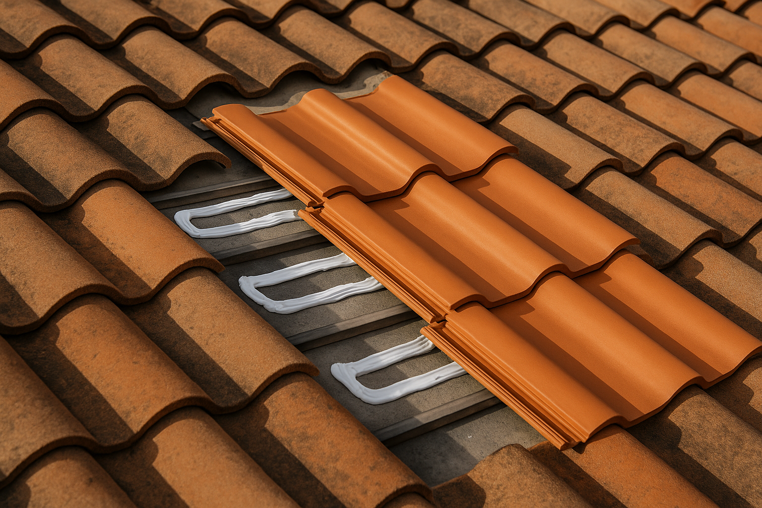 Close-up of a roof with Spanish tiles, showing a section being repaired with new tiles and adhesive