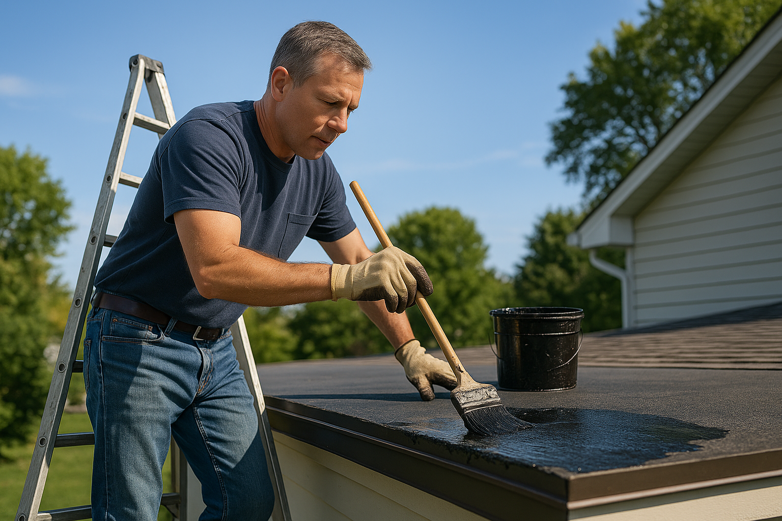 A homeowner on a ladder applying roofing tar to a flat roof on a sunny day