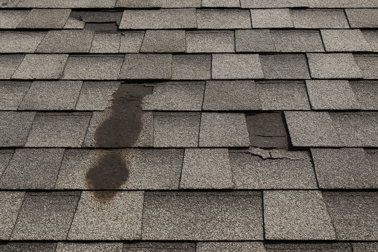 A close-up of a worn-out asphalt shingle roof with visible leaks and missing shingles