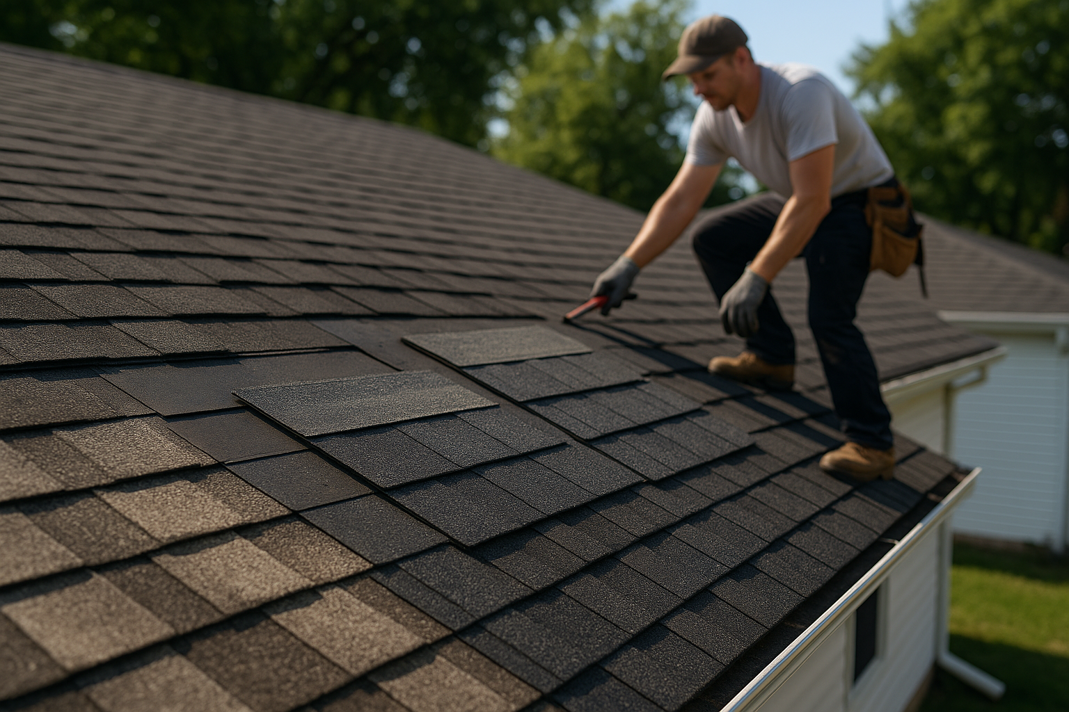 A rooftop with a mix of old and new shingles, illustrating the repair process with a roofer in the background preparing to replace a section