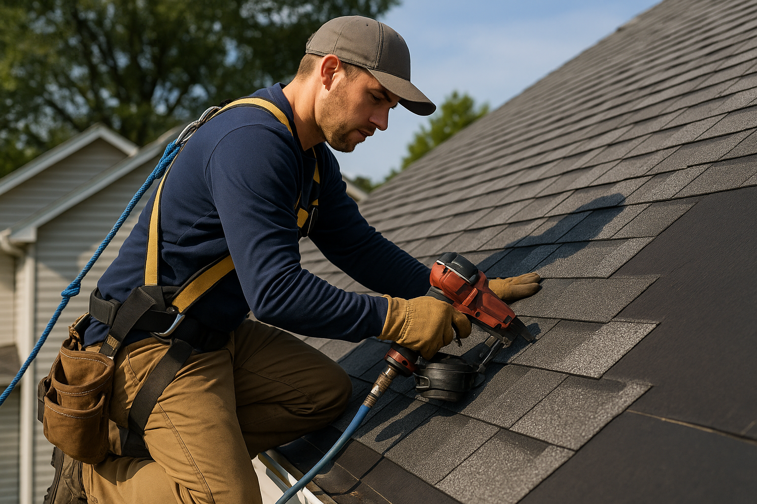 A professional roofer installing shingles on a sloped residential roof with safety harnesses and tools visible