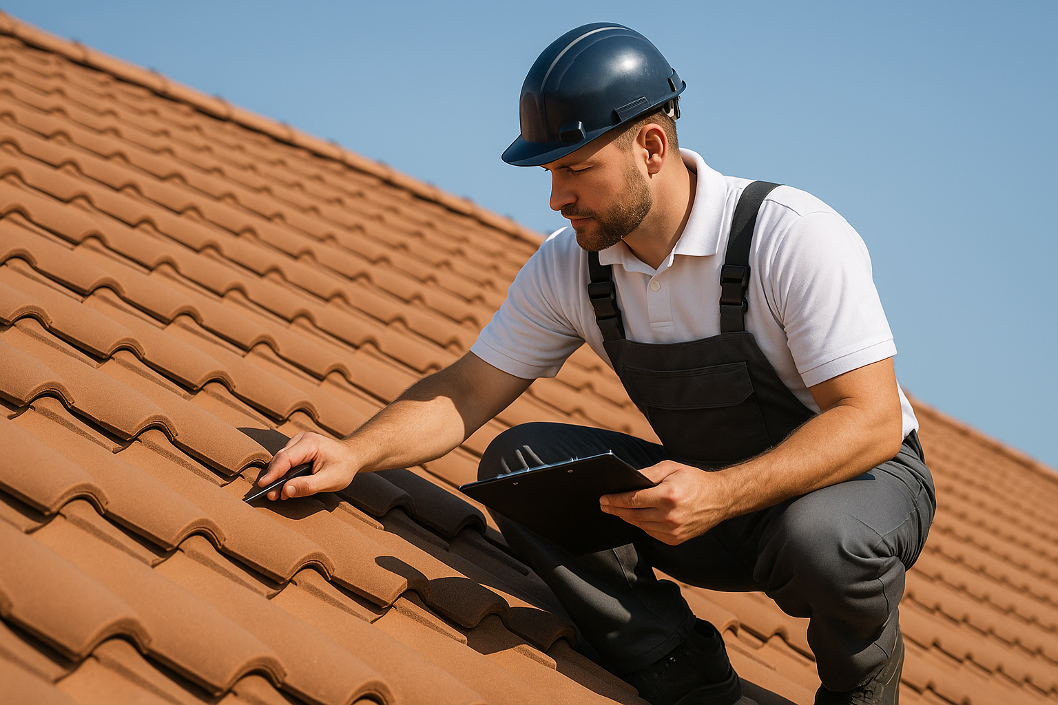 A professional roofer conducting a detailed roof inspection on a tile roof under clear skies