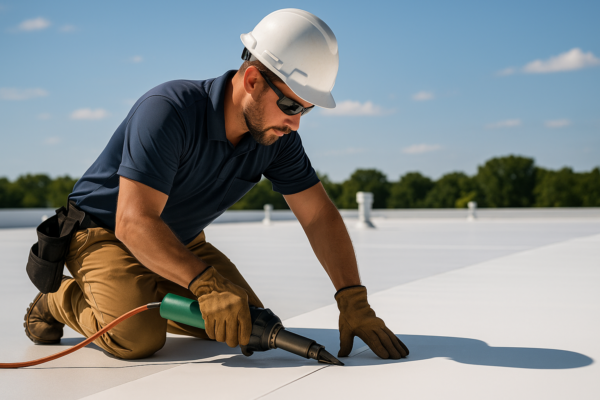 A professional roofer installing TPO membrane on a flat commercial roof on a sunny day