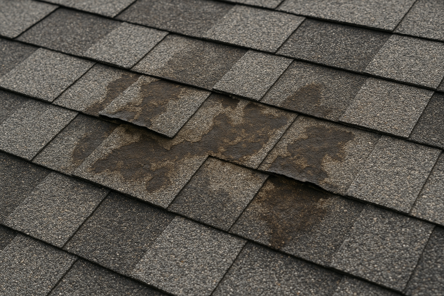 Close-up of damaged asphalt shingles with visible water staining and curling edges