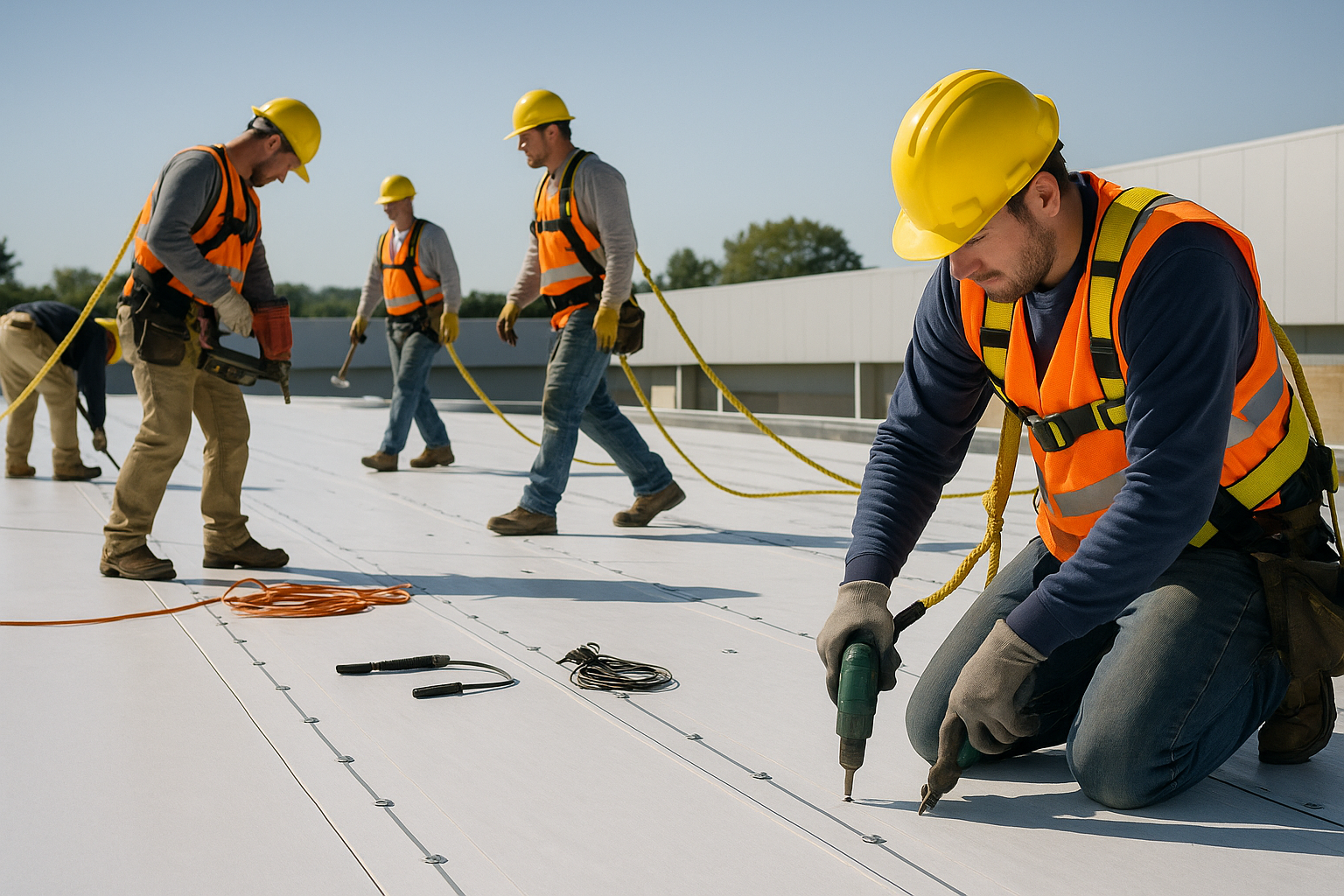 A team of roofers working on a large commercial building with safety equipment and tools