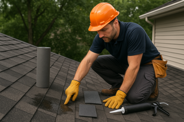 A professional roofer inspecting a roof leak with various repair materials laid out for consideration