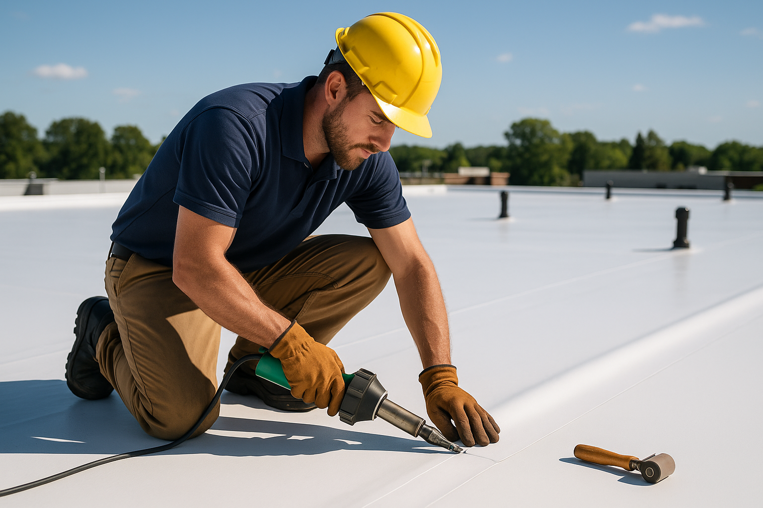 A professional roofer installing TPO membrane on a flat commercial roof on a sunny day