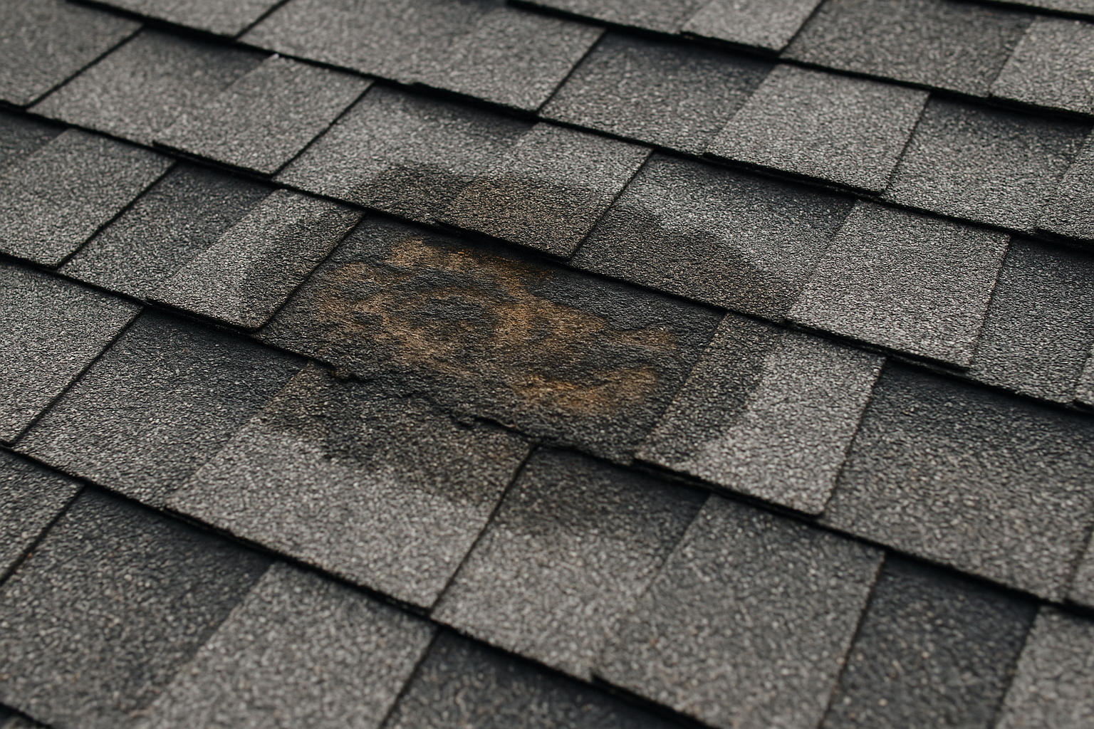Close-up of damaged asphalt shingles with visible water staining and curling edges