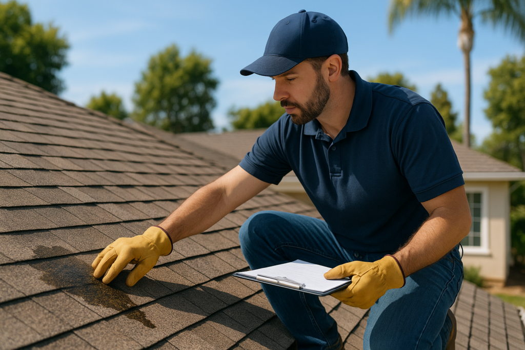 A professional roofer examining a roof with water damage, holding a clipboard on a sunny California day