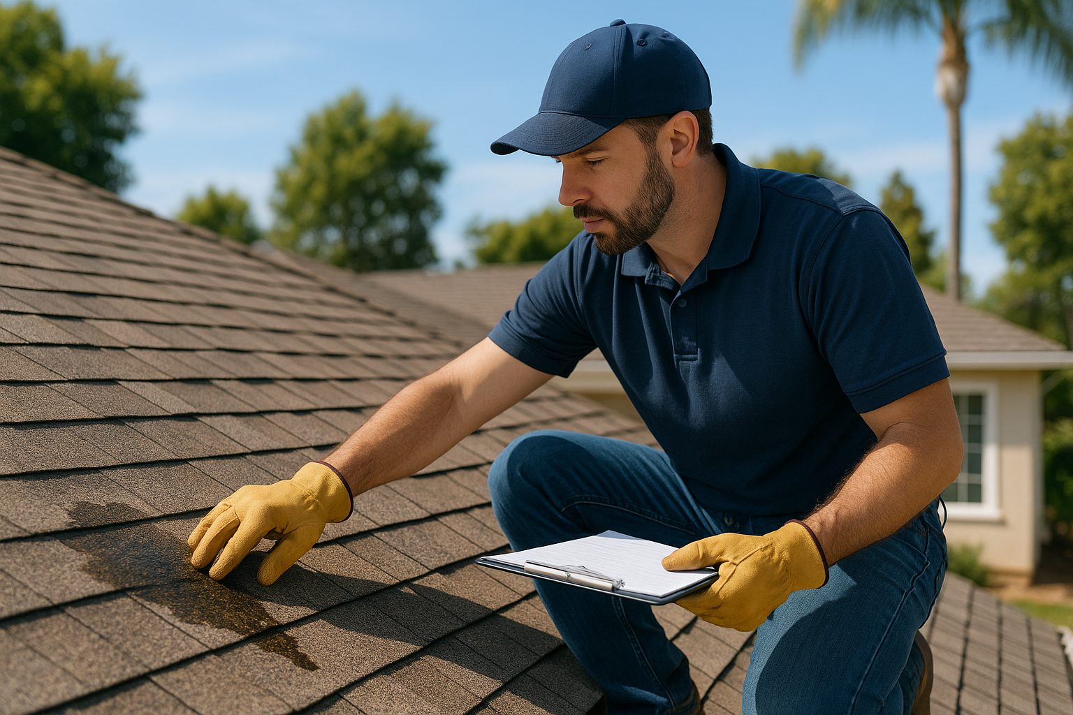 A professional roofer examining a roof with water damage, holding a clipboard on a sunny California day