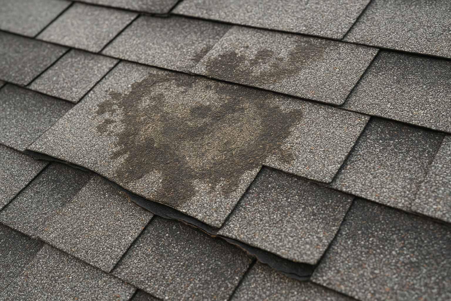 Close-up of damaged asphalt shingles with visible water staining and curling edges