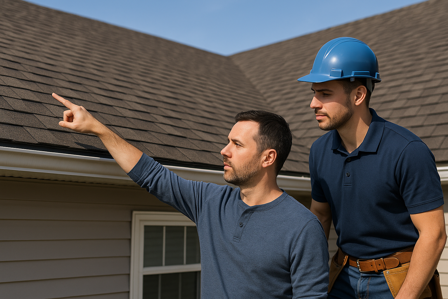A homeowner inspecting their roof with a contractor, pointing at possible leak areas under a clear sky