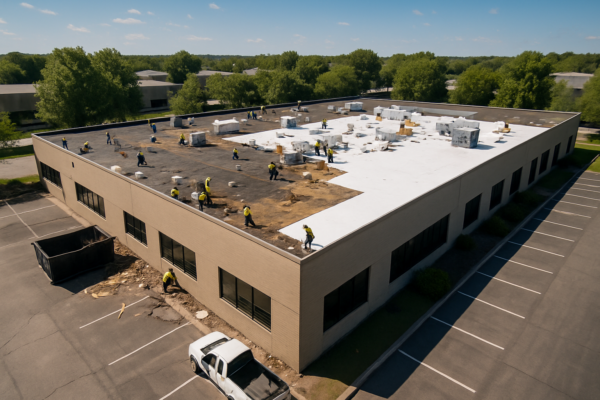 Aerial view of a large commercial building with a flat roof undergoing replacement on a sunny day