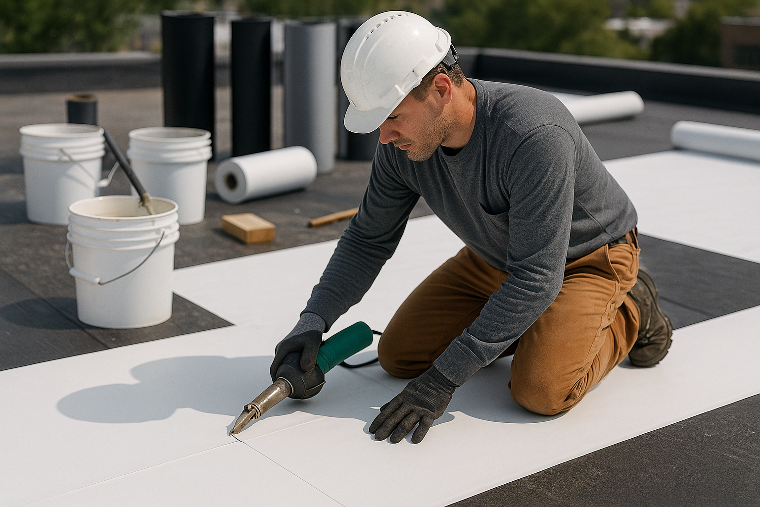 Roofer applying TPO roofing membrane on a commercial building roof with adhesive, surrounded by construction materials