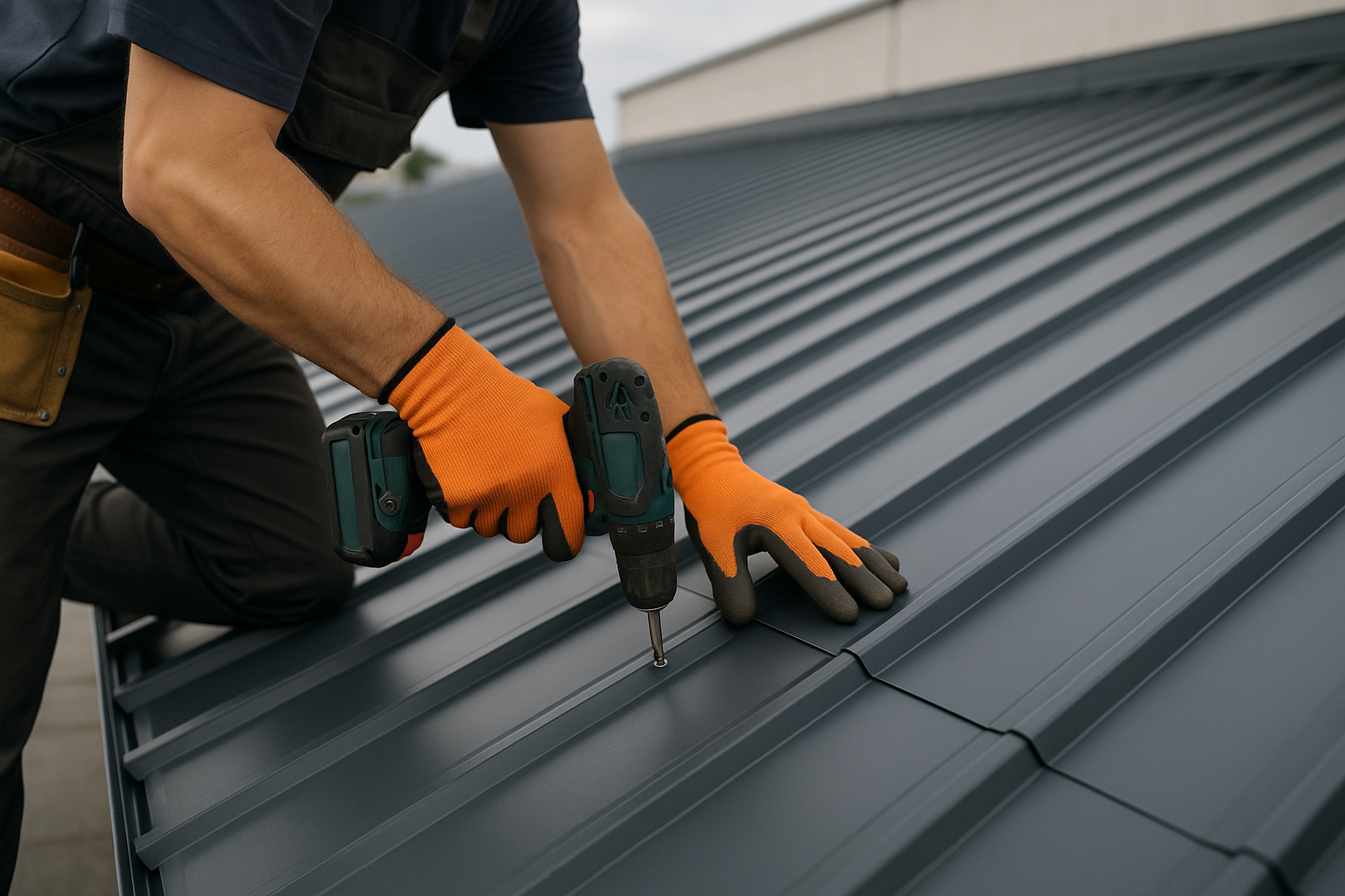 Close-up of roofing contractor's hands installing metal roofing panels on a commercial building