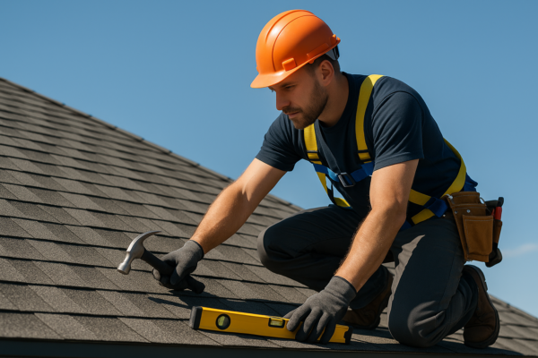 A professional roofer inspecting a rooftop with various tools and safety gear, under a clear blue sky