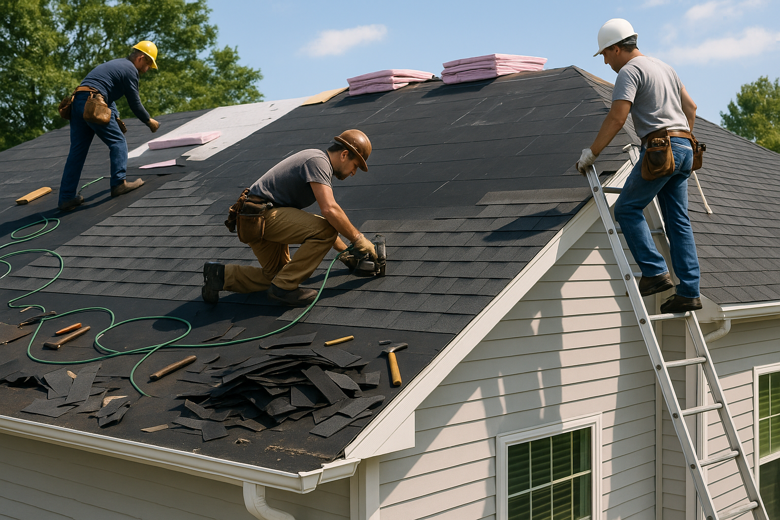 A contractor team installing new roofing on a suburban home, with various materials and tools scattered around the site