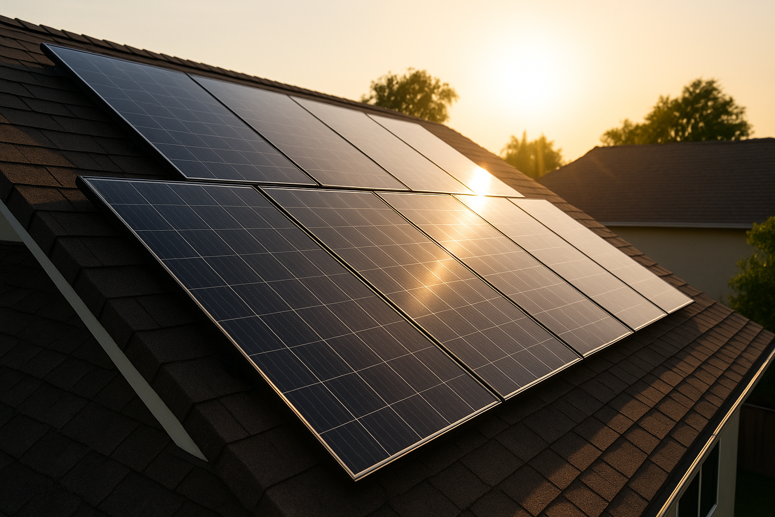 Close-up of a roof with solar panels reflecting sunlight, illustrating the impact of the California sun