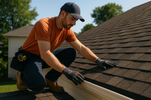 A professional roofer assessing the condition of a residential roof on a sunny day