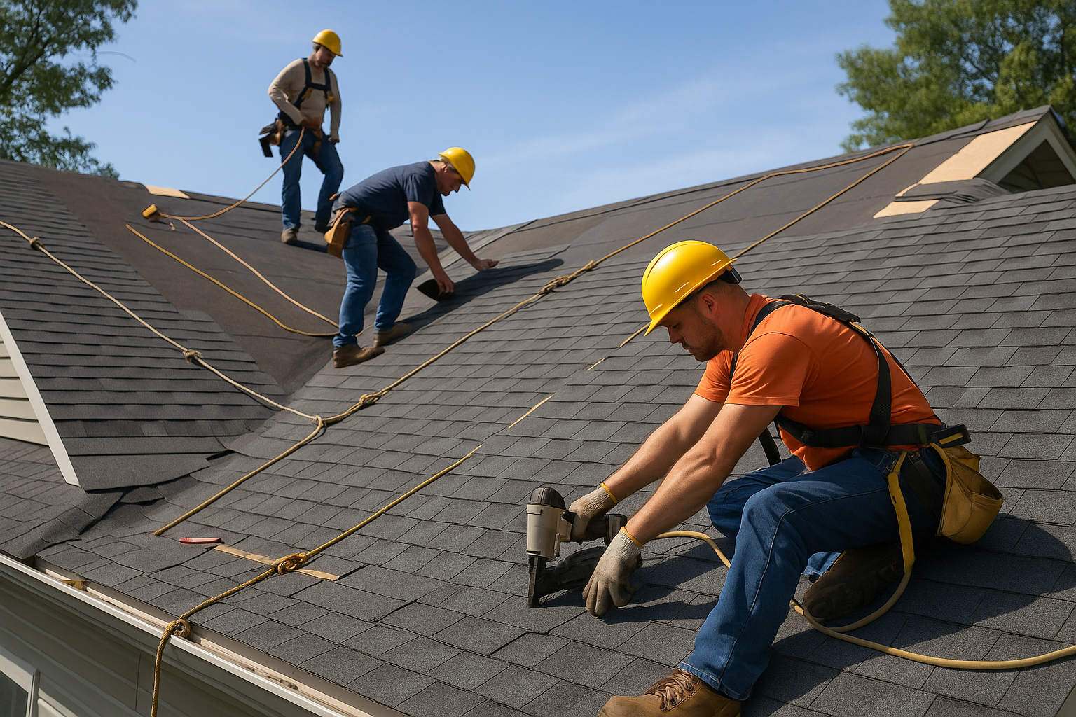A roofing contractor team installing shingles on a large residential roof with safety equipment visible