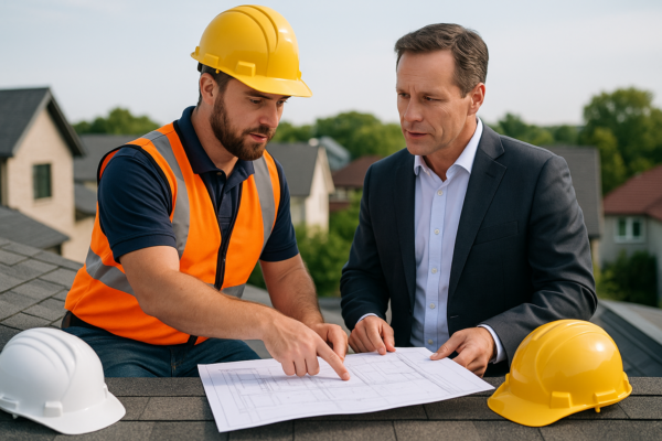 A professional roofing contractor discussing project plans with a business owner on a rooftop with blueprints and safety helmets visible
