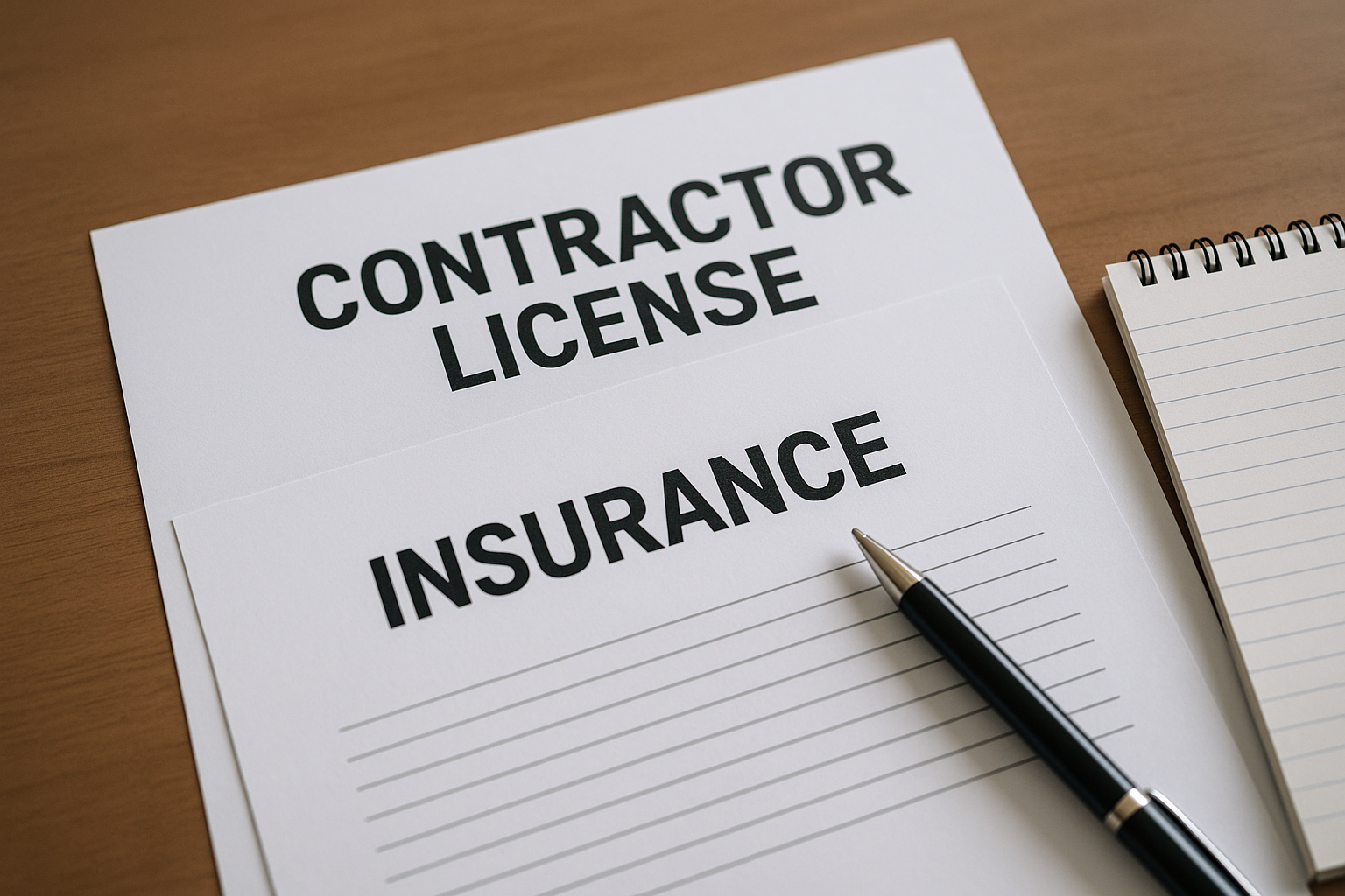 Close-up of a contractor's license and insurance documents laid out on a table with a pen and notepad