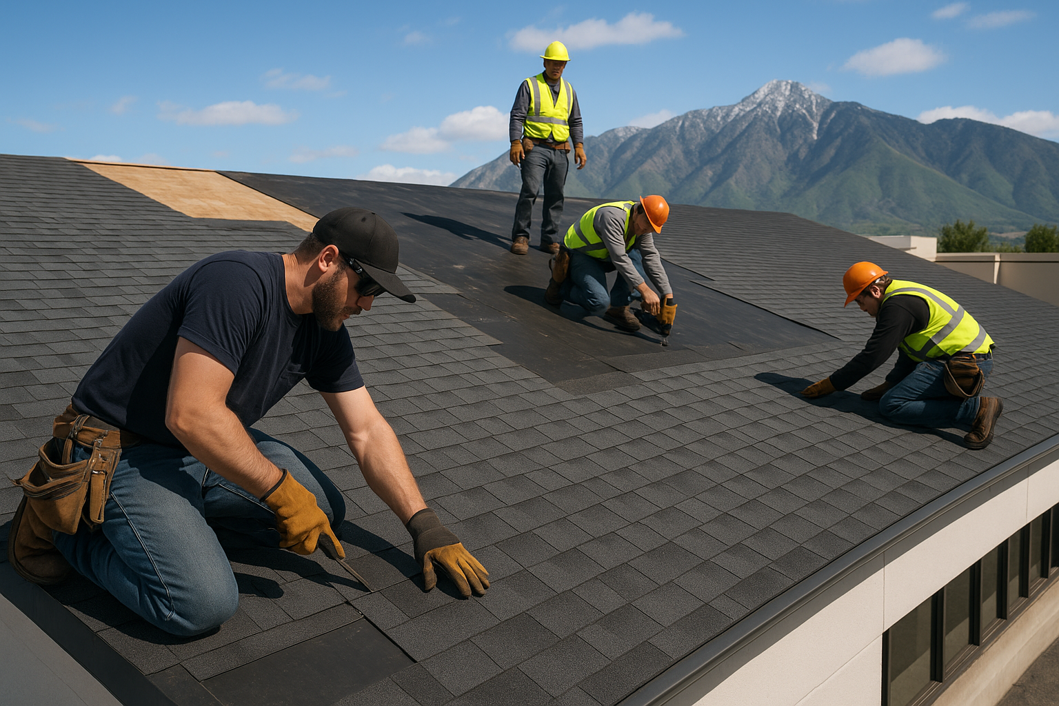 A group of roofers working on a large commercial building with visible mountains in the background, demonstrating local expertise