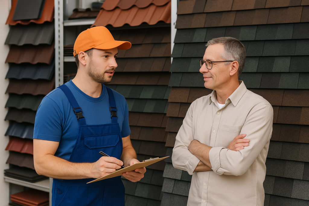 A professional roofer consulting with a homeowner at a local roof repair supply store, showcasing various roofing materials.