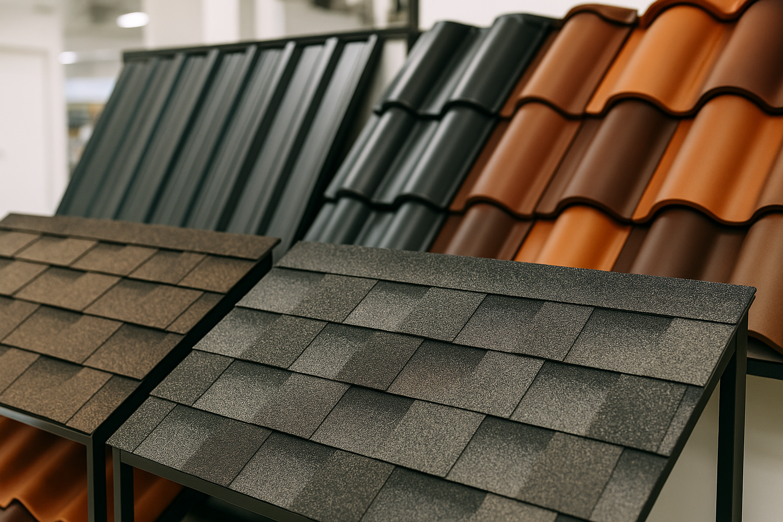 Close-up of various roofing materials including asphalt shingles, metal panels, and clay tiles displayed in a supply store.