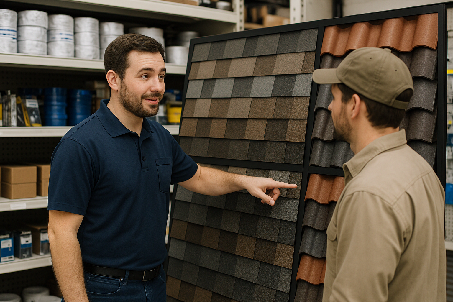 A knowledgeable store associate assisting a customer at a local roof repair supply store, pointing to a display of roofing materials.