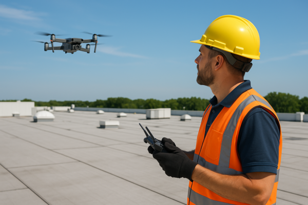 A professional roofer using a drone to inspect a large commercial flat roof on a sunny day