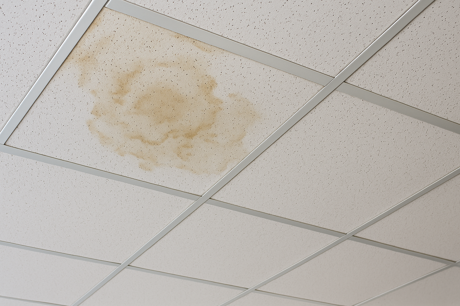 Close-up of water-stained ceiling tiles in a commercial office building
