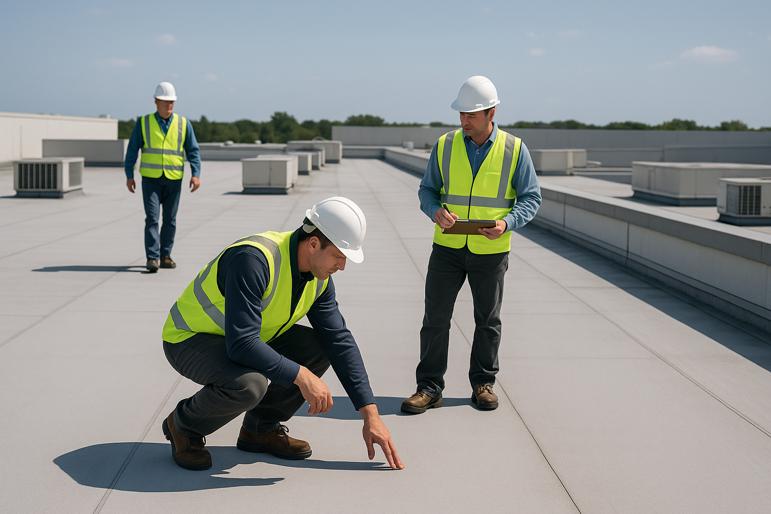A team of professional roofers conducting a thorough inspection of a large commercial building roof