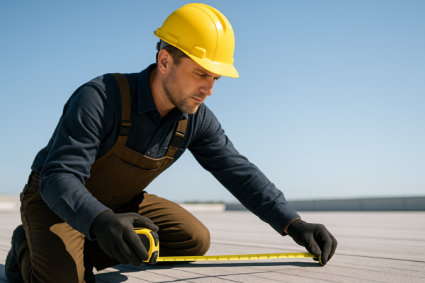 A professional roofer measuring a commercial roof with a tape measure under a clear blue sky
