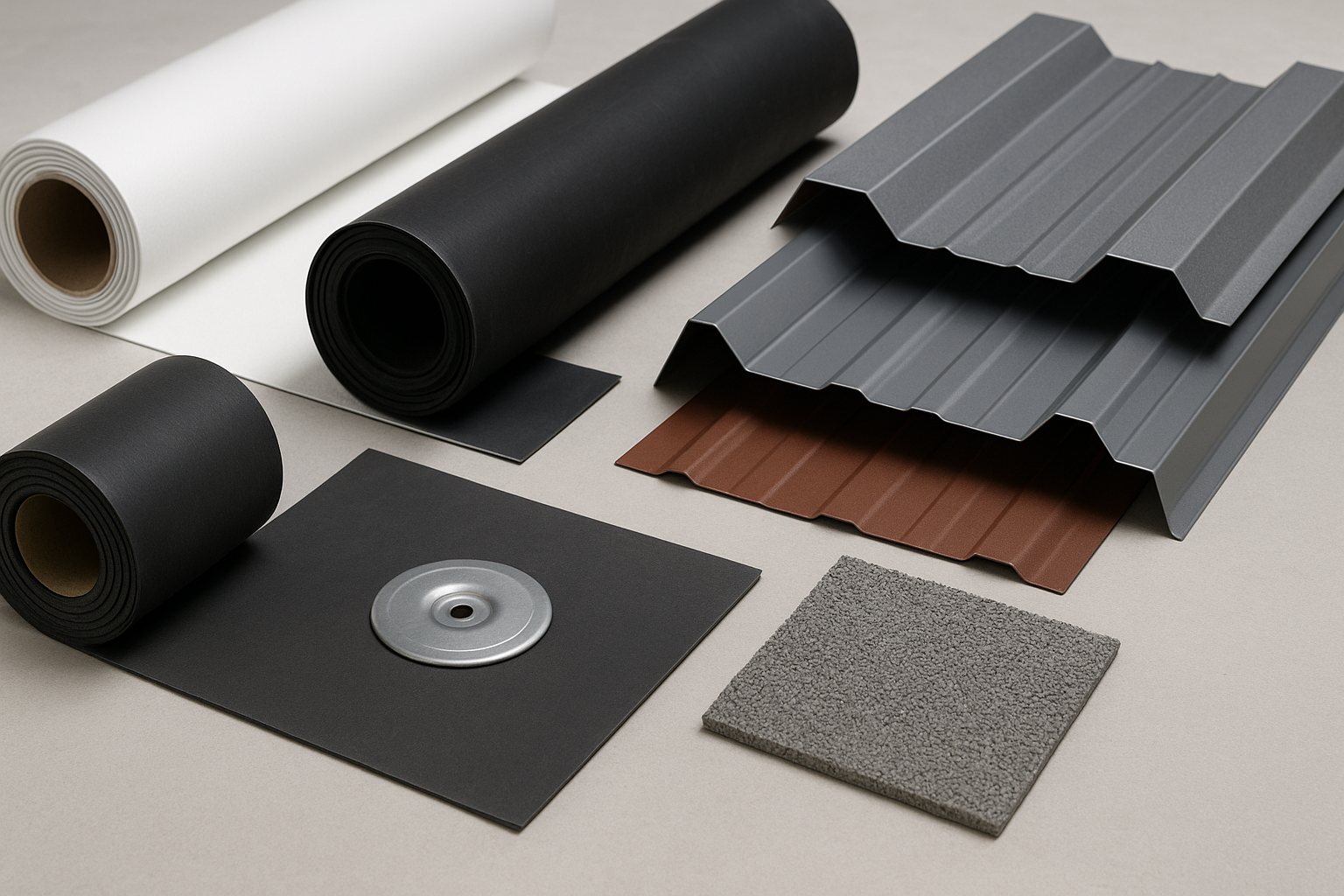 A variety of commercial roofing materials laid out on a table, including TPO, EPDM, and metal panels