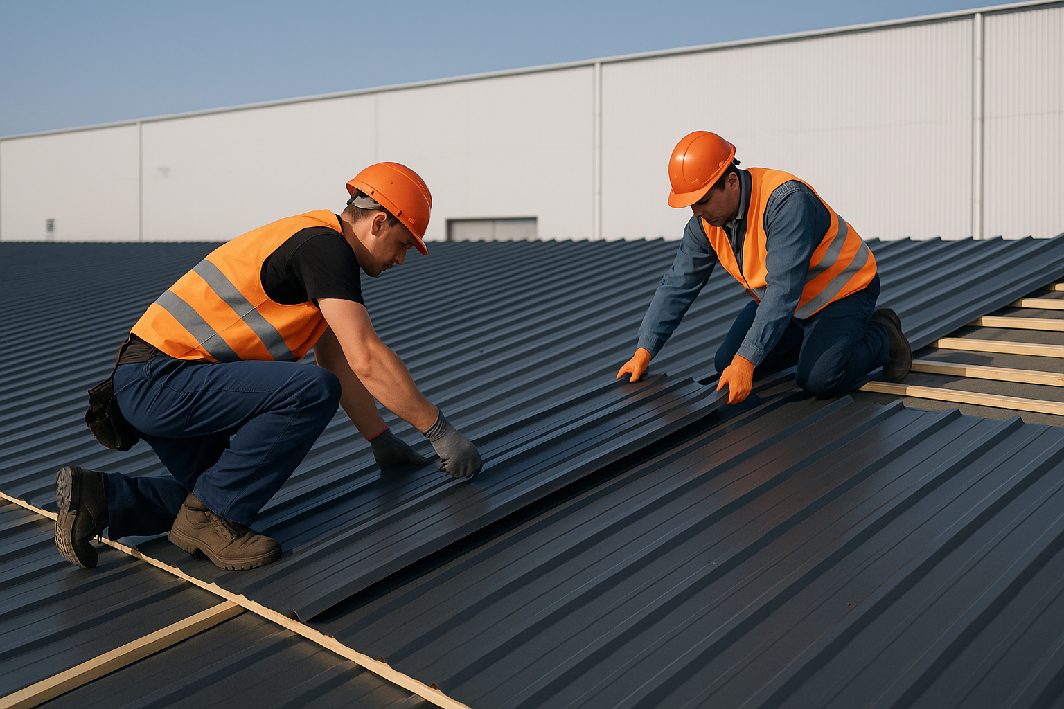 Roofers installing metal roofing sheets on a large commercial warehouse