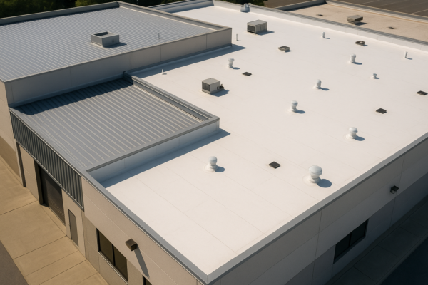 Aerial view of a large commercial building with various roofing materials, including metal and TPO, under bright sunlight