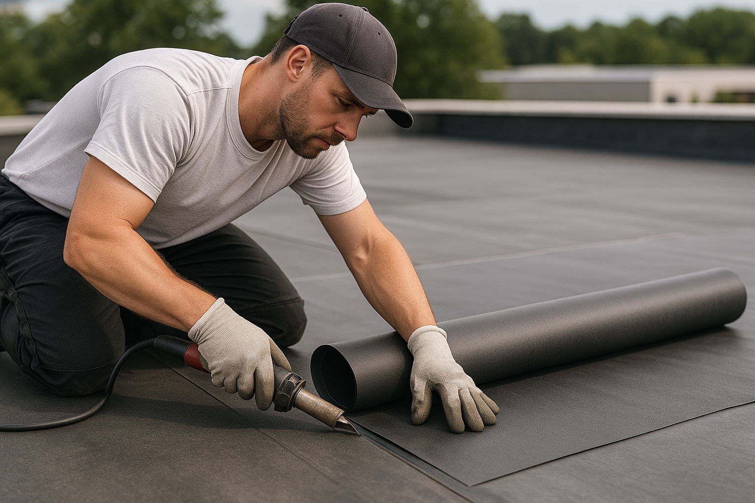 Close-up of a professional roofer installing EPDM rubber roofing on a commercial flat roof