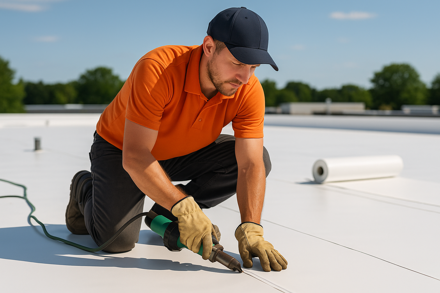 A professional roofer installing TPO membrane on a flat commercial roof on a sunny day