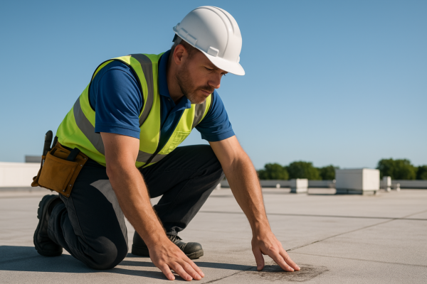 A professional roofer inspecting a commercial flat roof for damage under a clear blue sky