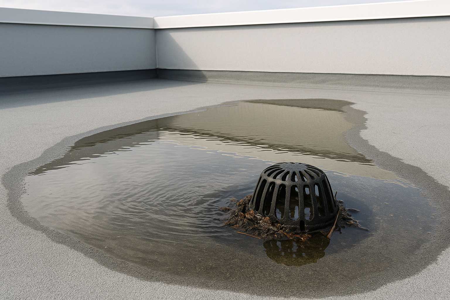 Close-up of a commercial flat roof with visible water pooling and a clogged drain