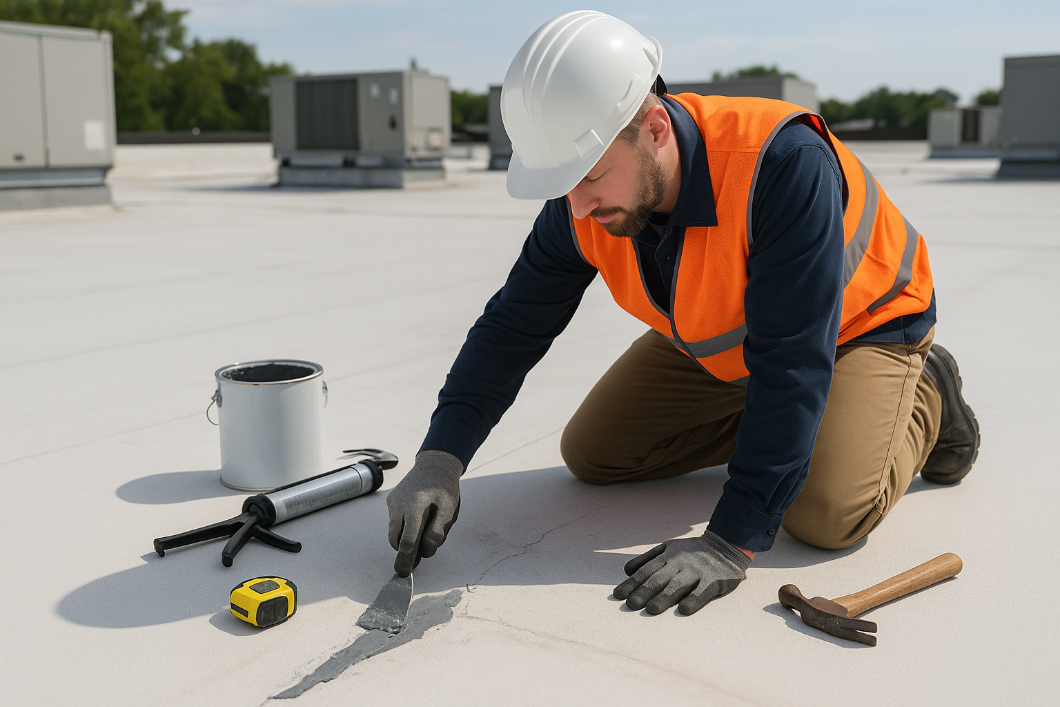 A roofer repairing a leak on a commercial roof with visible tools and materials nearby