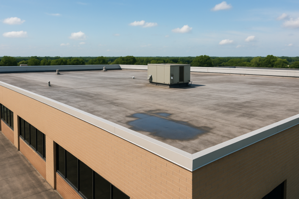 A commercial building with a large flat roof, showing minor water pooling and some visible wear from sun exposure
